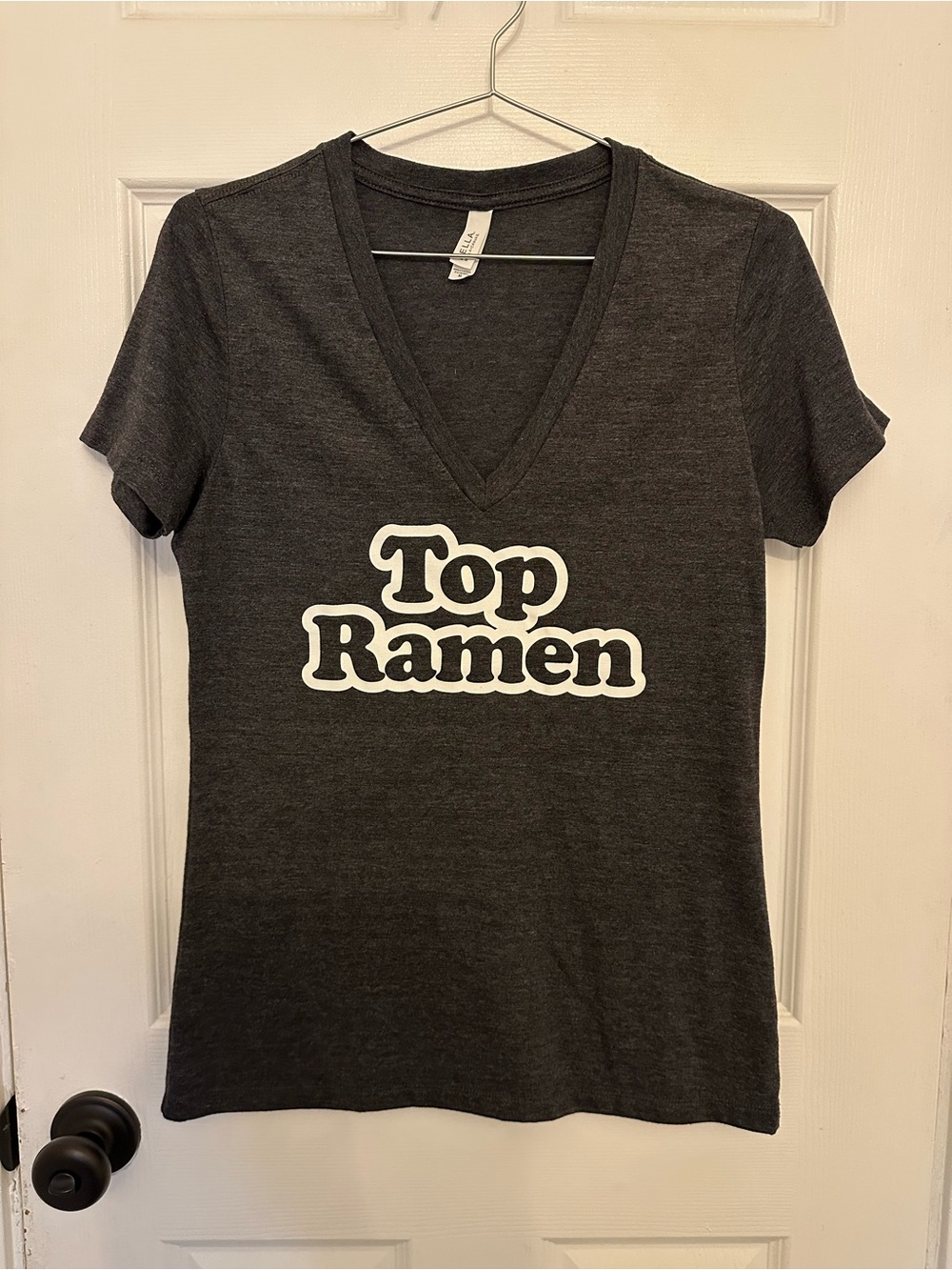 🎈$5🎈 “Top Ramen” Bella Canvas Dark Charcoal V-Neck Tee